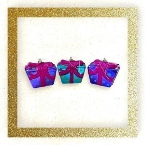 Pier 1 Gift Christmas Ornament Set 4" Polka Dot Glitter Pink Purple Gold Green